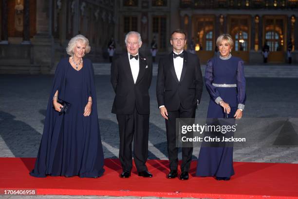 Queen Camilla, King Charles III, President of France, Emmanuel Macron and The French head of state's spouse, Brigitte Macron attend a State Banquet...