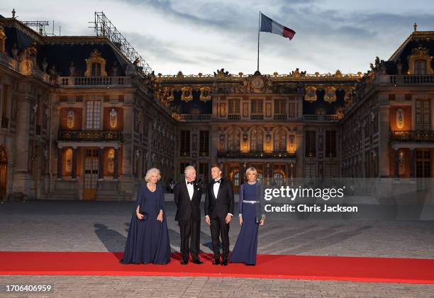 Queen Camilla, King Charles III, President of France, Emmanuel Macron and The French head of state's spouse, Brigitte Macron attend a State Banquet...