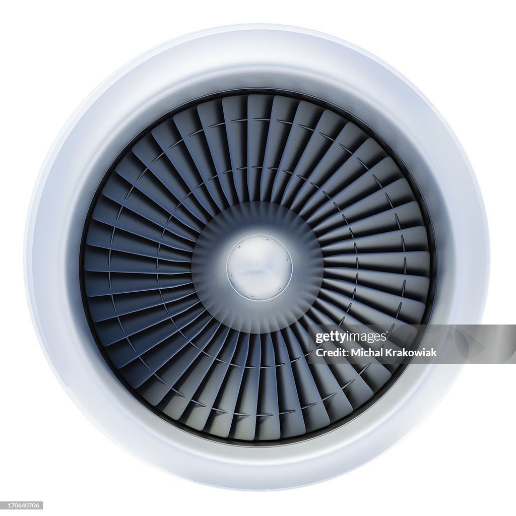 Front view of jet engine on white background