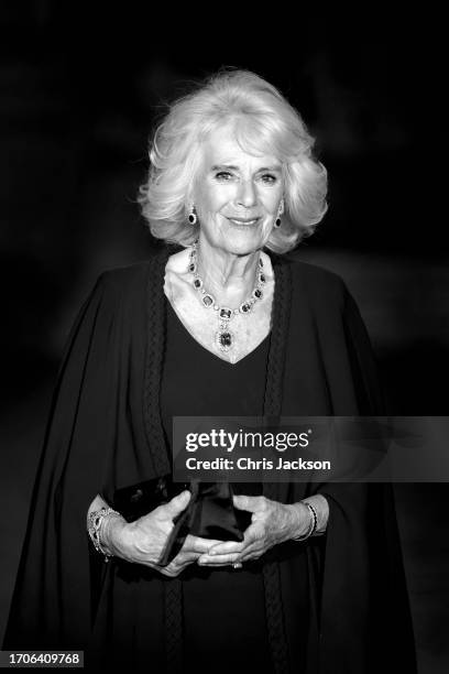 Queen Camilla attends a State Banquet at The Palace of Versailles on September 20, 2023 in Versailles, France. The King and Queen's first state visit...