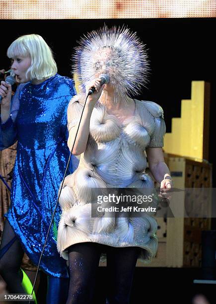 Bjork performs at What Stage during day 3 of the 2013 Bonnaroo Music & Arts Festival on June 15, 2013 in Manchester, Tennessee.