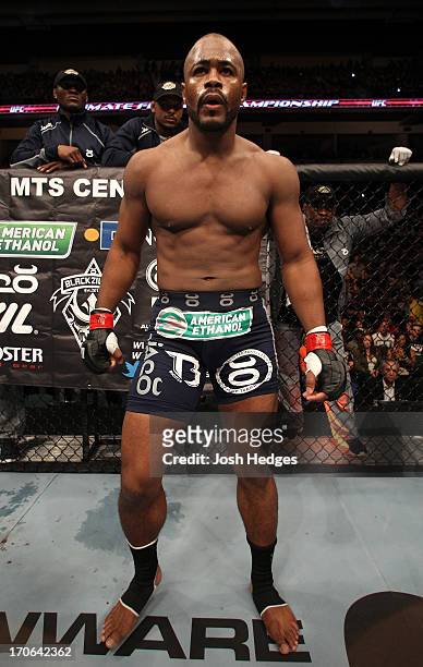 Rashad Evans stands in the Octagon before his light heavyweight fight against Dan Henderson during the UFC 161 event at the MTS Centre on June 15,...