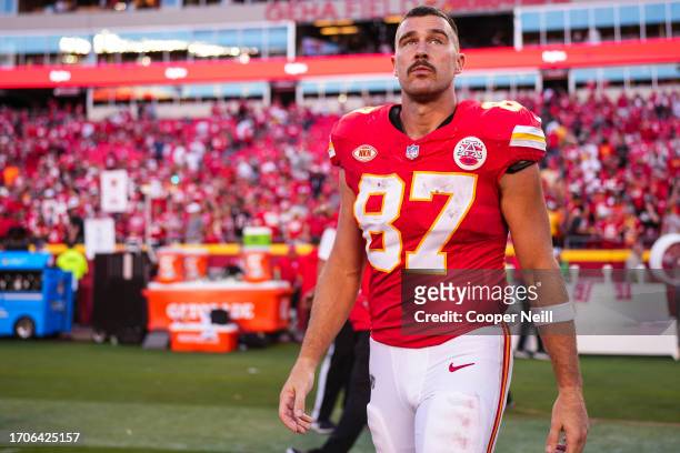 Travis Kelce of the Kansas City Chiefs looks on from the field after at GEHA Field at Arrowhead Stadium on September 24, 2023 in Kansas City,...