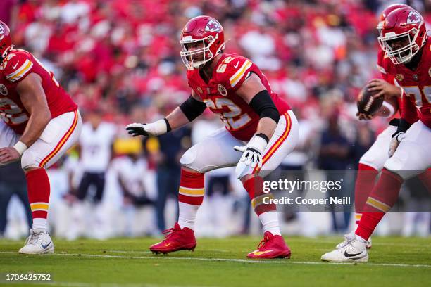 Joe Thuney of the Kansas City Chiefs drops back to block during at GEHA Field at Arrowhead Stadium on September 24, 2023 in Kansas City, Missouri.