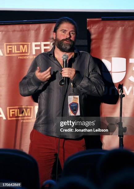 Director Sebastian Cordero speaks onstage at the "Europa Report" premiere during the 2013 Los Angeles Film Festival at Regal Cinemas L.A. Live on...