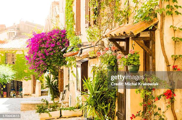 calles de la ciudad llena de flores provenzal (provenza-alpes-costa azul, francia) - provence village fotografías e imágenes de stock