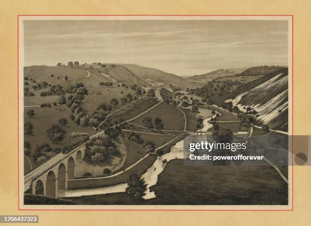 headstone viaduct at monsal dale in derbyshire, england - 19th century - peak district national park stock illustrations