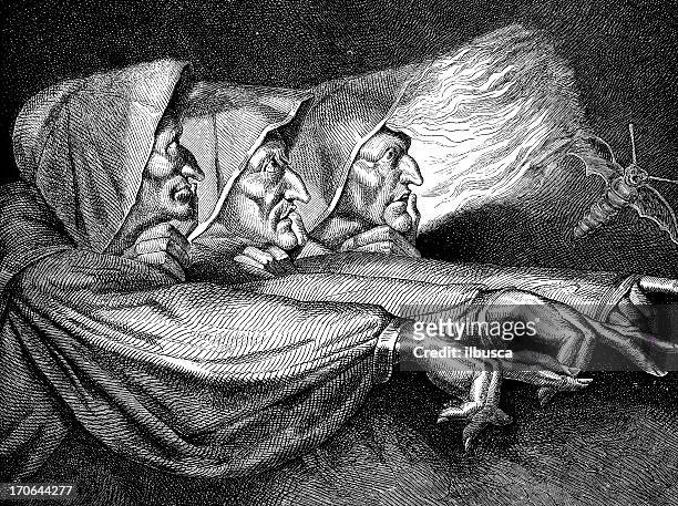 ilustraciones, imágenes clip art, dibujos animados e iconos de stock de anticuario ilustración de los tres macbeth brujas - bruja