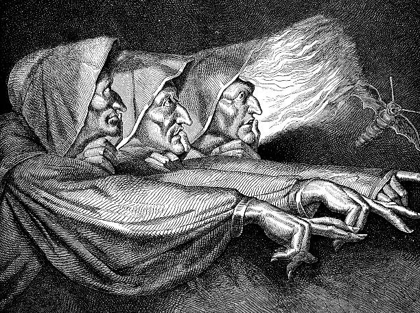antique illustration of the three macbeth witches - shakespeare stock illustrations