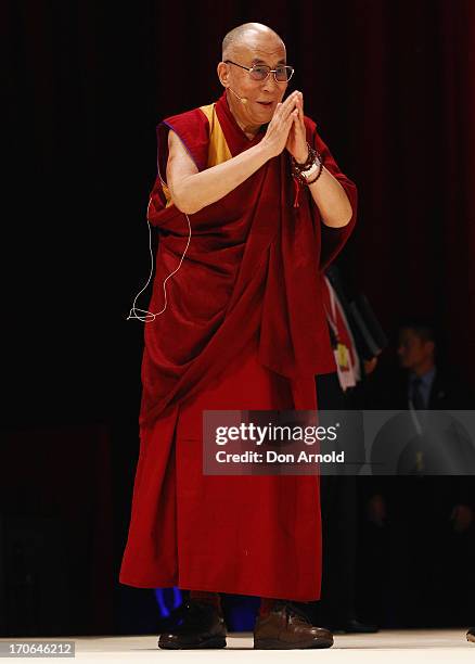 His Holiness the Dalai Lama is introduced during a public talk at Sydney Entertainment Centre on June 16, 2013 in Sydney, Australia. The Dalai Lama...