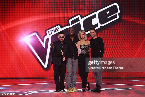 Judges, Joel Madden, Seal, Delta Goodrem and Ricky Martin pose during 'The Voice' Final Four Photo Call at Fox Studios on June 16, 2013 in Sydney,...