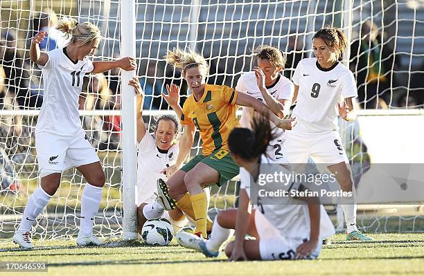 Elise Kellond-Knight of Australia is denied a goal during the Women's International match between the Australian Matildas and the New Zealand...