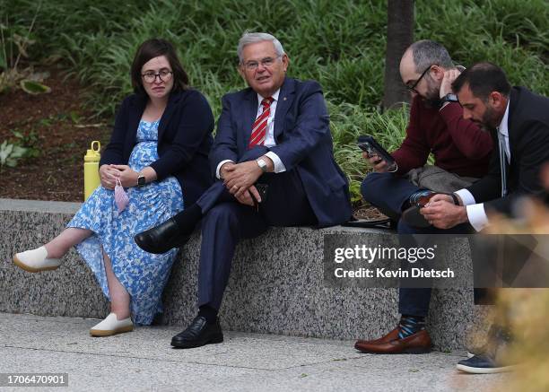 Sen. Bob Menendez sits with staff outside the Hart Senate Office Building on September 28, 2023 in Washington, DC. Menendez requested the opportunity...