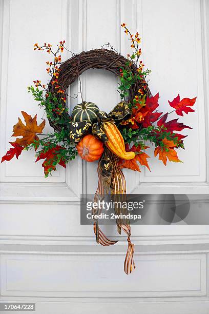 a stunning hung up autumn wreath - autumn wreath stock pictures, royalty-free photos & images