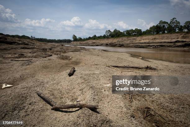 Drought-hit Furo do Paracuuba, a small branch of the Amazon River that connects with the Negro River on October 04, 2023 in Manaus, Amazonas, Brazil....