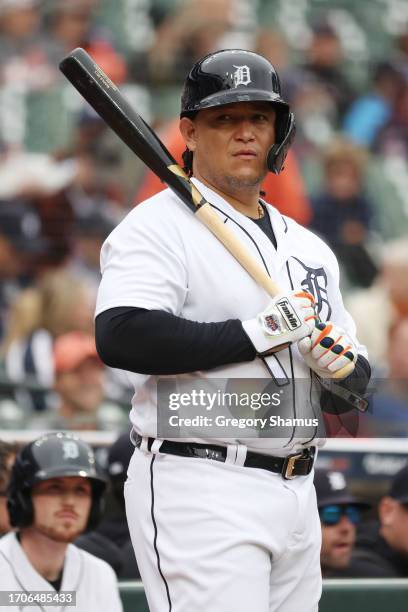 Miguel Cabrera of the Detroit Tigers prepares to bat in the seventh inning against the Kansas City Royals at Comerica Park on September 28, 2023 in...