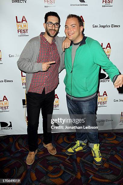 Directors Aaron Mallin and Owen Davis arrive at the "Eclectic Mix 1" premiere during the 2013 Los Angeles Film Festival at Regal Cinemas L.A. Live on...