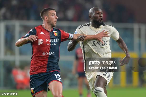 Romelu Lukaku of AS Roma and Mattia Bani of Gena CFC compete for the ball during the Serie A TIM match between Genoa CFC and AS Roma at Stadio Luigi...