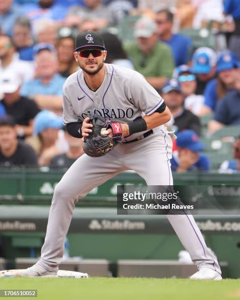 Kris Bryant of the Colorado Rockies in action against the Chicago Cubs at Wrigley Field on September 22, 2023 in Chicago, Illinois.