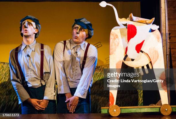 Chilean actors Diego Fontecilla and Juan Carlos Zagal perform in the Compania Teatro Cinema production of 'Gemelos' during the Lincoln Center...