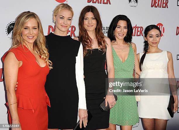 Actresses Julie Benz, Yvonne Strahovski, Jennifer Carpenter, Jaime Murray and Aimee Garcia attend the "Dexter" series finale season premiere party at...