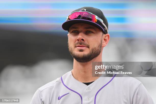 Kris Bryant of the Colorado Rockies looks on against the Chicago Cubs at Wrigley Field on September 22, 2023 in Chicago, Illinois.