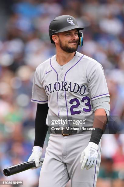 Kris Bryant of the Colorado Rockies reacts after striking out against the Chicago Cubs during the first inning at Wrigley Field on September 22, 2023...