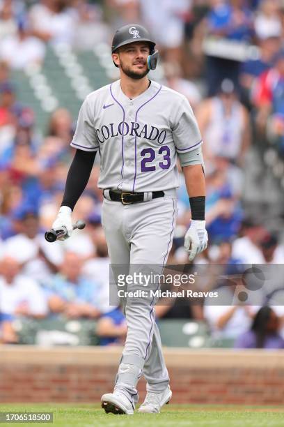 Kris Bryant of the Colorado Rockies reacts after striking out against the Chicago Cubs during the first inning at Wrigley Field on September 22, 2023...