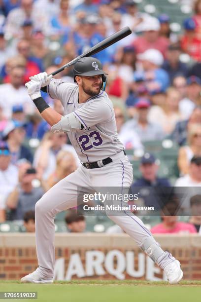 Kris Bryant of the Colorado Rockies at bat against the Chicago Cubs at Wrigley Field on September 22, 2023 in Chicago, Illinois.