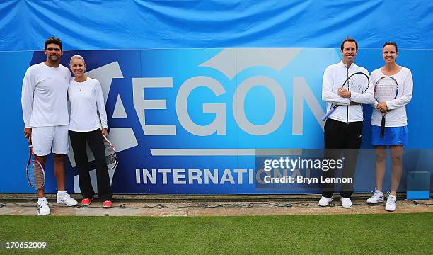 Mark Philippoussis and Rennae Stubbs of Australia pose with Lindsay Davenport of USA and Greg Rusedski of Great Britain on Legends' Day during day...