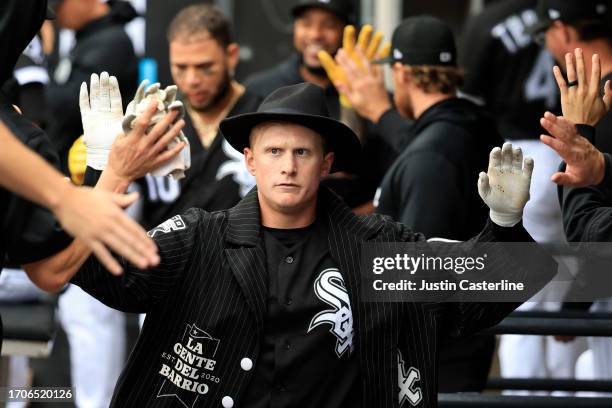 Andrew Vaughn of the Chicago White Sox celebrates a home run duringthe second inning in the game against the Arizona Diamondbacks at Guaranteed Rate...