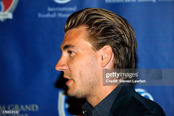 Professional football player Nicklas Bendtner arrives at Hakkasan Las Vegas Restaurant and Nightclub at the MGM Grand Hotel/Casino for the launch of...