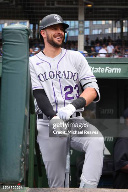 Kris Bryant of the Colorado Rockies looks on prior to the game against the Chicago Cubs at Wrigley Field on September 22, 2023 in Chicago, Illinois.