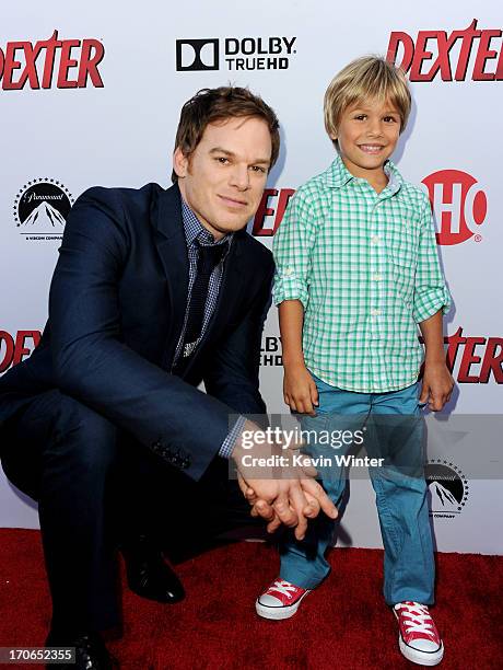 Actors Michael C. Hall and Jadon Wells arrive at the premiere screening of Showtime's "Dexter" Season 8 at Milk Studios on June 15, 2013 in Los...