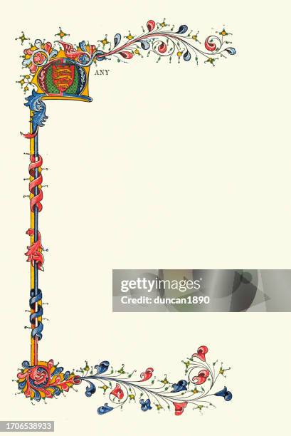 illustrations, cliparts, dessins animés et icônes de illustration vintage lettre majuscule m, motif floral orné bordure de style médiéval, trois lions d’angleterre - enluminures