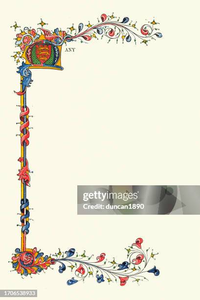 vintage illustration capital letter m, ornate floral pattern medieval style border, three lions of england - letter m 幅插畫檔、美工圖案、卡通及圖標