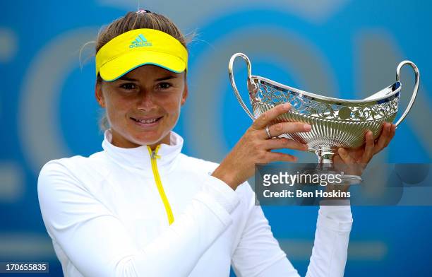 Daniela Hantuchova of Slovakia poses with the Maude Watson Trophy after defeating Donna Vekic of Croatia in the singles final on day eight of the...