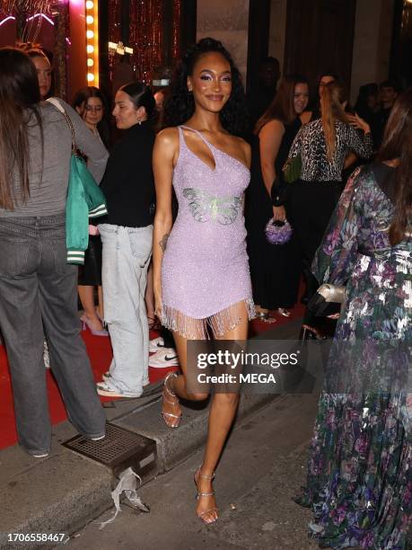 Jourdan Dunn is seen arriving at the Charlotte Tilbury makeup club party on October 4, 2023 in Paris, France.