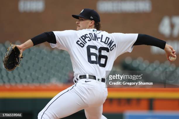Sawyer Gipson-Long of the Detroit Tigers throws a first inning pitch against the Kansas City Royals at Comerica Park on September 28, 2023 in...