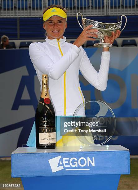 Daniela Hantuchova of Slovakia lifts the Maud Watson Trophy after winning the Final against Donna Vekic of Croatia during the AEGON Classic Tennis...