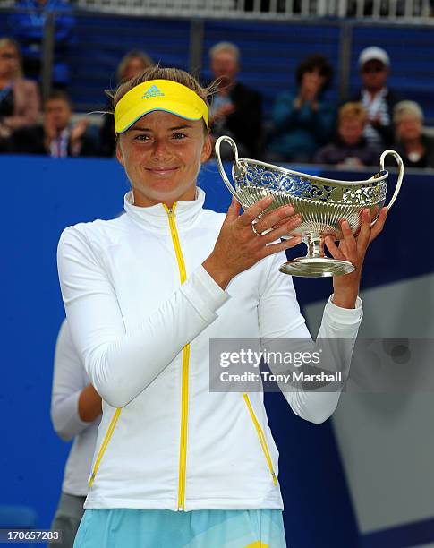Daniela Hantuchova of Slovakia with the Maud Watson Trophy after winning the Final against Donna Vekic of Croatia during the AEGON Classic Tennis...