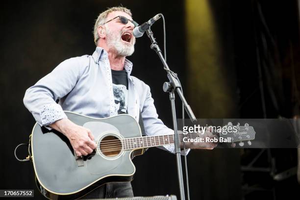 Steve Harley from Conkney Rebel performs on the Main Stage during day 4 of the Isle of Wight Festival at Seaclose Park on June 16, 2013 in Newport,...