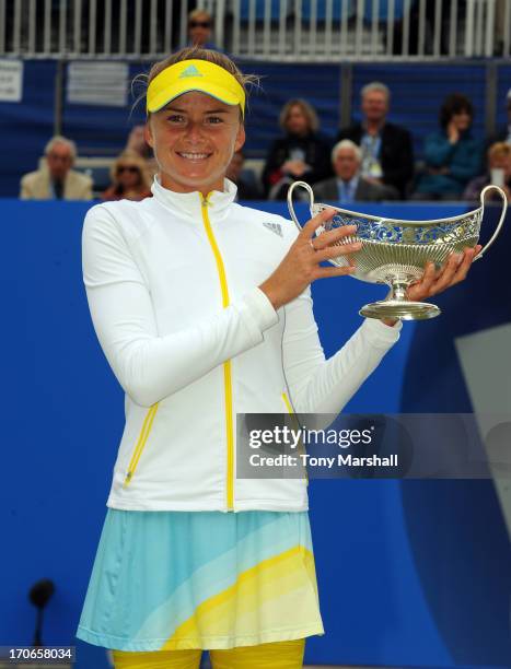 Daniela Hantuchova of Slovakia with the Maud Watson Trophy after winning the Final against Donna Vekic of Croatia during the AEGON Classic Tennis...