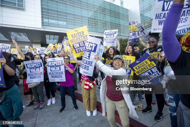 Kaiser Permanente healthcare workers and supporters on a picket line outside Kaiser Permanente Los Angeles Medical Center in Los Angeles, California,...