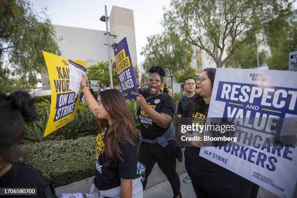 Kaiser Permanente healthcare workers and supporters on a picket line outside Kaiser Permanente Los Angeles Medical Center in Los Angeles, California,...