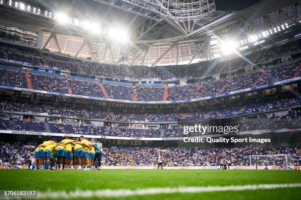 The UD Las Palmas team hug prior to kick off during the LaLiga EA Sports match between Real Madrid CF and UD Las Palmas at Estadio Santiago Bernabeu...