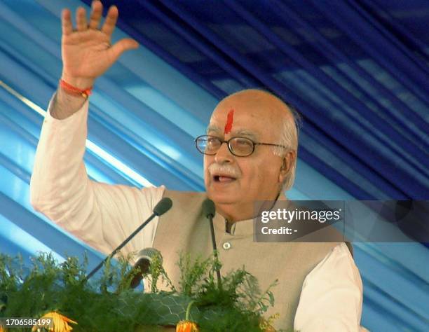 Indian deputy prime minister, Shri Lal Krishna Advani, gestures during a speech before laying a foundation stone at a new dairy in the campus of an...