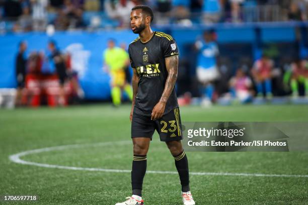 Kellyn Acosta of LAFC reacts to the final whistle after a game between Los Angeles FC and Charlotte FC at Bank of America Stadium on August 26, 2023...