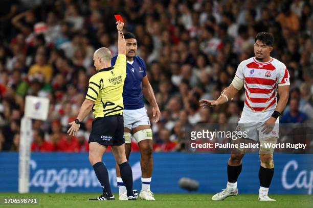 Ben Lam of Samoa is shown a Red Card by Referee Jaco Peyper, after the 8-Minute TMO Bunker Review escalates the initial Yellow Card decision to a Red...