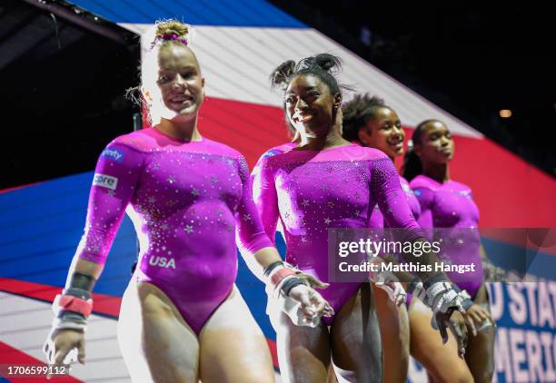 Simone Biles of United States arrives for a training session at the 2023 FIG Artistic Gymnastics World Championships at the Antwerp Sportpaleis on...